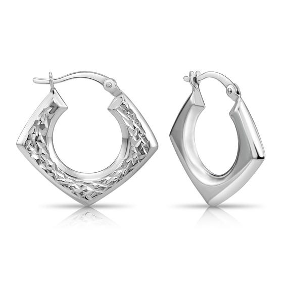 Sterling Silver Diamond-Cut Square Hoop Earrings, 925 Sterling Silver Hoop Earrings, Hand Engraved Design, By TILO Jewelry