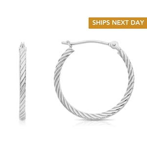 14k White Gold Twist Hoop Earrings, Solid 14K Gold Round Hoops, Square Tube Design with Spiral Details, Available in 20mm/25mm, By TILO