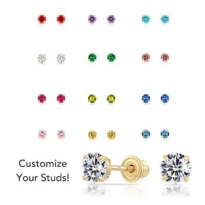 May include: A set of 10 pairs of gold stud earrings with different coloured gemstones. The earrings are shown against a white background. Customize Your Studs!