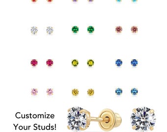 14k Gold Birthstone Stud Earrings, Sleeper Screw back CZ Studs, 5mm Size Studs, Children Earrings, By TILO Jewelry
