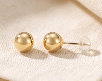 14K Gold Round Ball Stud Earrings, With Secure Silicone Pushbacks, By TILO Jewelry