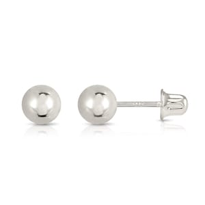 May include: A pair of polished 14K white gold ball stud earrings. Each earring features a smooth, spherical head attached to a straight post with a secure screw-back closure. The post is clearly stamped with the text 14K indicating the metal purity.