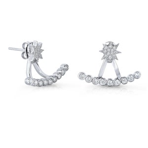 May include: A pair of silver earrings with a star-shaped design and a row of small round stones. The earrings are designed to be worn on the upper part of the ear.