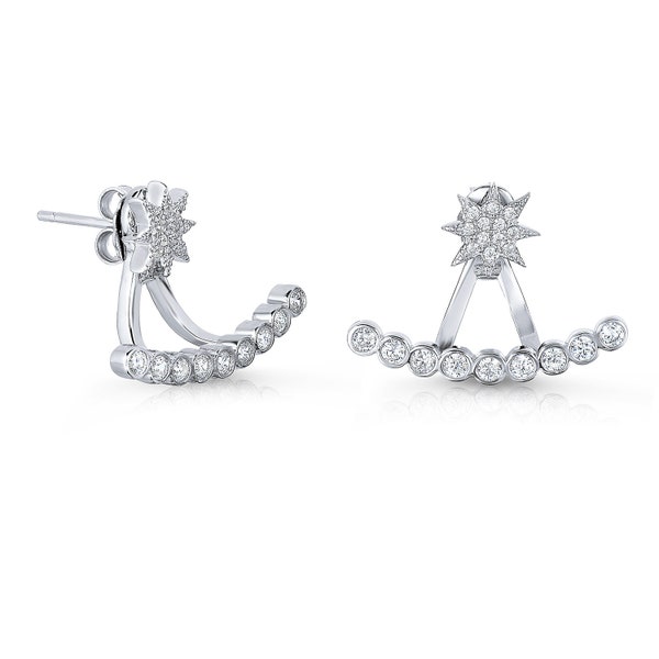 Starburst Front-back 2 in 1 Stud and Ear Jacket Earring Set in Sterling Silver and Cubic Zirconia with Secure Push Post & Clutch Backings