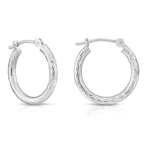 14K White Gold Classy Diamond-cut Hoop Earrings, Hand Engraved Special Quality Hoops, Made in NYC, Handmade By TILO Jewelry