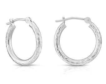 14K White Gold Classy Diamond-cut Hoop Earrings, Hand Engraved Special Quality Hoops, Made in NYC, Handmade By TILO Jewelry