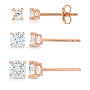 Set of 3! 925 Solid Sterling Silver Basket Set Round CZ Stud Earrings, Pushback Sleeper Studs, 14K Rose Gold Plated, 3mm 4mm and 5mm