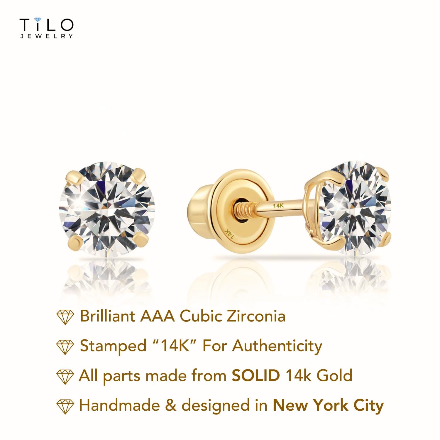 Orecchini a bottone solitario in oro giallo 14k con zirconi cubici rotondi, chiusura a vite sicura, unisex, di TILO Jewelry - Italia