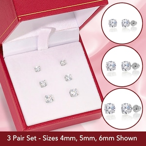 Set of 3 Pairs! 14k Solid White Gold Basket Set Round CZ Stud Earrings, Screw back Cz Sleeper Studs, By TILO Jewelry