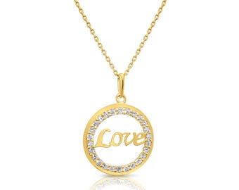 Solid 14K Yellow Gold Love Pendant Necklace, CZ Love Script