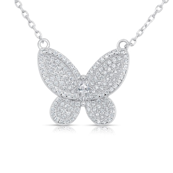 Sterling Silver Butterfly Pendant Necklace, Sparkling Cubic