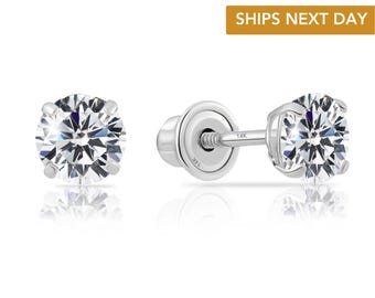 14k Solid White Gold Basket Set Round CZ Stud Earrings, Screw back Cz Studs, Sleeper Cz Studs, Unisex, Round Brilliant-Cut, By TILO Jewelry