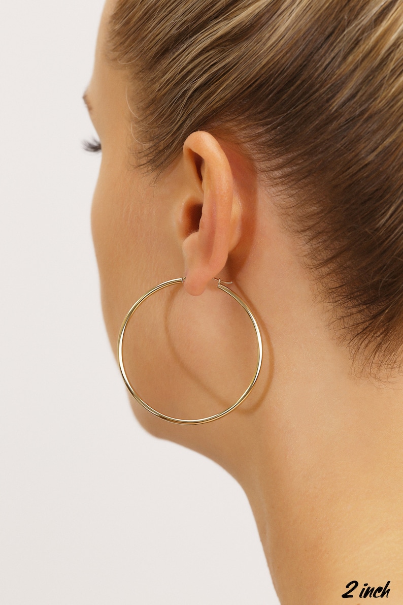 14K Gold Round Hoop Earrings, Solid Yellow Gold Shiny Hoops, Classic Jewelry Handmade with Love 50mm or 2 inch