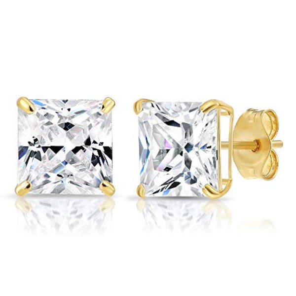 14K Gold Square Stud Earrings, Solid 14K Yellow Gold Push-back Studs, Princess Cut Cubic Zirconia Stones