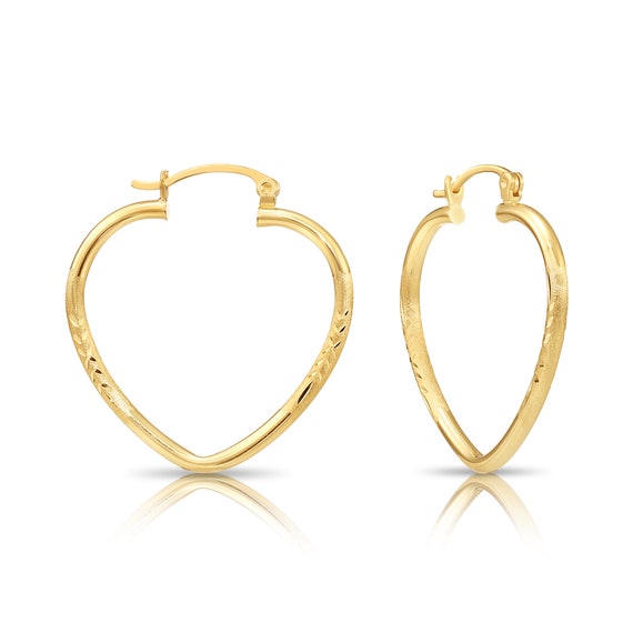 14k Yellow Gold Heart Hoop Earrings, Medium Hoops With Engravings