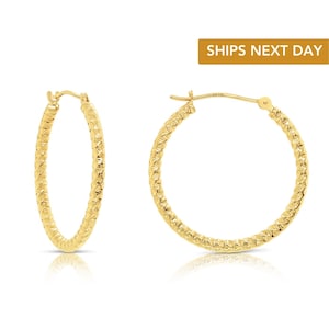 14k Yellow Gold Hoops with Spiral Diamond Cuts, The Twist Collection, 30mm (1.2in), Handmade In NYC By TILO Jewelry