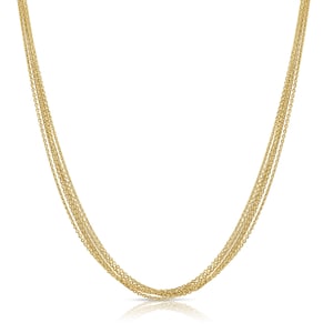 Könnte beinhalten: Eine goldfarbene Halskette mit mehreren feinen Ketten. Die Ketten sind in Schichten angeordnet und bilden einen sanften Bogen. Das Design der Halskette deutet auf eine raffinierte Ästhetik hin.