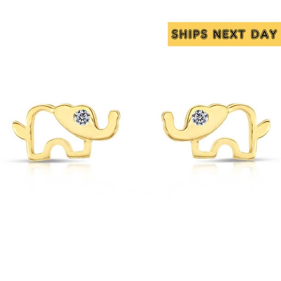 10k Yellow Gold Tiny Elephant with CZ Stud Earrings and Secure Screw-Backs 