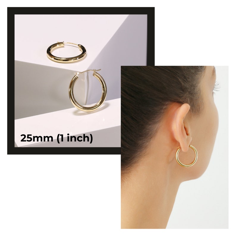 14K Gold Classic Hoop Earrings, Solid 14k Yellow and White Gold Lightweight Hoops, Bold and Classy 3mm Design 25mm (1 inch)