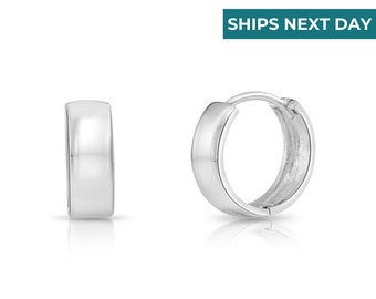 925 Sterling Silver Wide Huggie Hoop Earrings, Medium Sized Chunky Hoop Earrings Silver Huggies, 5mm x 15mm Hoops, Minimalist Hoops Gift