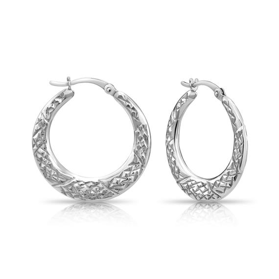 Sterling Silver Diamond-Cut Flat Hoop Earrings, 925 Sterling Silver Medium Hoop Earrings, Hand Engraved Design, By TILO Jewelry