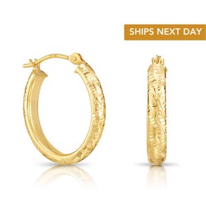 14K Solid Gold Oval Hoops, "Tornado" Pattern Diamond-cut Engravings, Fancy Hand Engraved Hoop Earrings, By TILO Jewelry