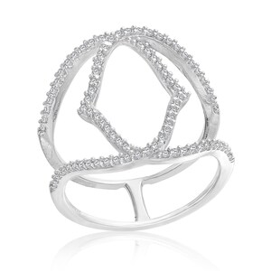 May include: A silver ring with a delicate, openwork design featuring multiple intertwined bands set with sparkling clear stones.