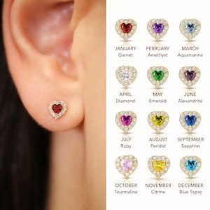 Solid 14K Yellow Gold Halo Heart Birthstone Studs, Secure Screw-Backs, Available in 12 colors, Children's Gemstone Earrings, By TILO Jewelry