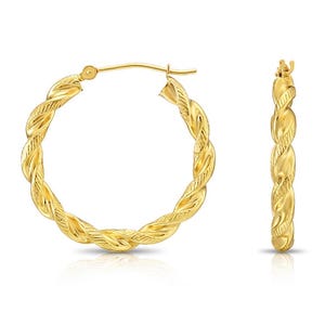 14k Yellow Gold Twisted Round Hoop Earrings with Hand Engraved Design, Diamond-Cut Details, By TILO Jewelry