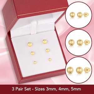 Juego de 3 aretes tipo bola de oro de 14 quilates con cierre de rosca seguro, regalo de joyería esencial, unisex, disponible en oro amarillo y blanco, de TILO