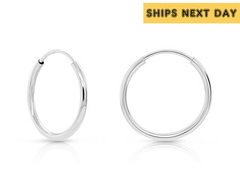 14K White Gold Endless Hoop Earrings, Essential and Minimal Round Hoops, Reaction-free Real 14K Gold Cartilage Jewelry