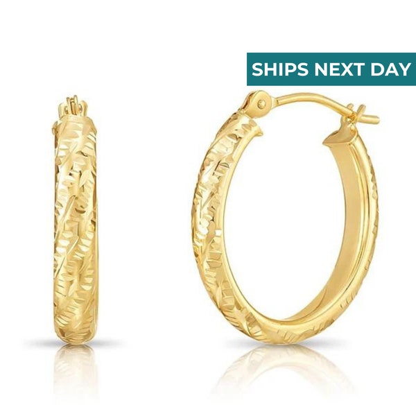 14K Solid Gold Oval Hoops, Tornado Pattern Diamond-cut Engravings, Fancy Hand Engraved Hoop Earrings