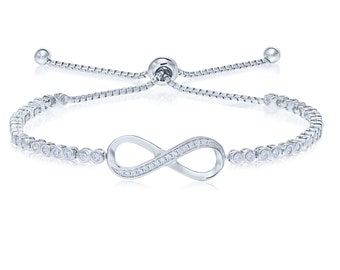 925 Sterling Silver Infinity Love Bracelet with Cubic Zirconia, Adjustable 6 inches - 9 Inches, By TILO Jewelry