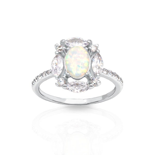 Opal Ring, Sterling Silver Fire Opal Ring, Elegant Simulated Diamond Ring, CZ Engagement Ring