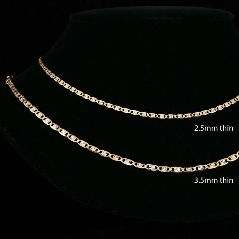 14K SOLID Gold Valentino Chain, Tri-Color Link Necklace, Made in Italy, Solid Yellow, White, And Rose Gold Chain, Unisex, 2.5mm - 3.5mm Thin image 2
