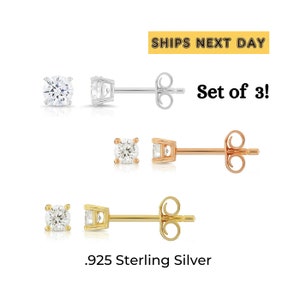925 Sterling Silver Stud Earrings Set of 3 pairs, with Pushback Butterfly Backings in Yellow, Rose, and White Gold Plating, Unisex
