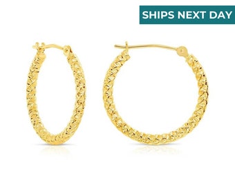 14k Yellow Gold Hoops with Spiral Diamond Cuts, The Twist Collection, 18mm, Made by TILO Jewelry