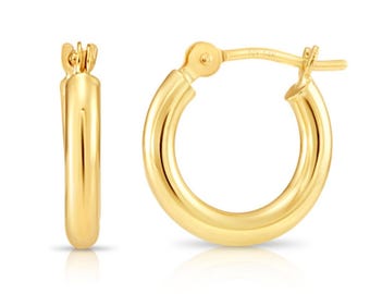 May include: A pair of gold hoop earrings. The earrings are made of 14k gold and have a simple, classic design.