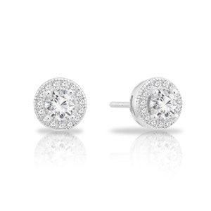 Halo Earrings, Small Round CZ Studs in Sterling Silver
