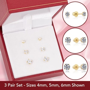 10k Solid Yellow Gold Basket Set Round CZ Stud Earrings, Screw back Cz Sleeper Studs, Set of 3 Earrings Bundle, By TILO Jewelry
