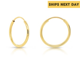 14K Yellow Gold Endless Hoop Earrings, Essential and Minimal Round Hoops, Reaction-free Real 14K Gold Cartilage Jewelry
