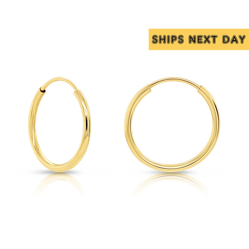 14K Yellow Gold Endless Hoop Earrings, Essential and Minimal Round Hoops, Reaction-free Real 14K Gold Cartilage Jewelry 