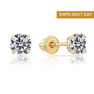 10K Yellow Gold Solitaire Stud Earrings, Screw-back Round Cubic Zirconia Studs in 10K SOLID GOLD, Unisex Design, By TILO Jewelry