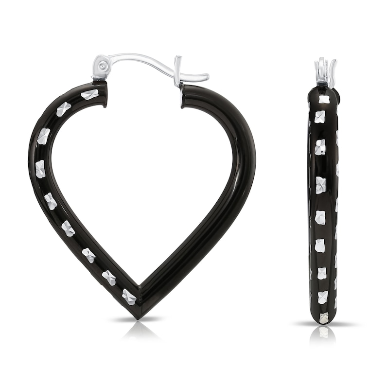 Fancy Glossy Black Sterling Silver Heart Hoop Earrings with Hand Engraved Rectangle Diamond-cut