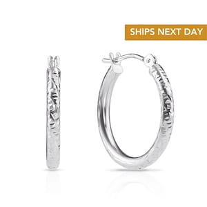 14k Solid White Gold Hoops, Fancy Hand Engraved "Tornado" Design Hoop Earrings by TILO Jewelry, 2mm Thin