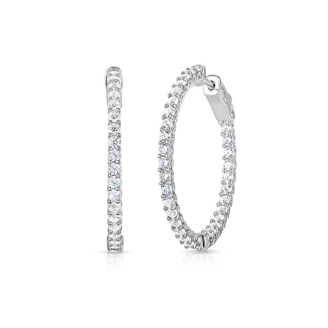 14k White Gold Diamond Hoops 1.25 Carats, Round Inside Outside Diamond