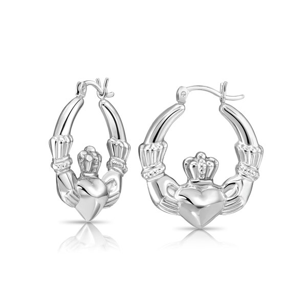 925 Sterling Silver Heart & Crown Claddagh Hoop Earrings, Irish Friendship and Love Jewelry
