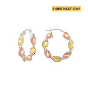 Sterling Silver Tricolor Three-Tone Hoop Earrings, Twisted Round Hoops, 30mm