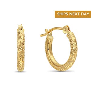 14K Solid Gold Small Hoops, Fancy Hand Engraved Hoop Earrings, 2mm Thin, Designer Hoops Handmade By TILO Jewelry
