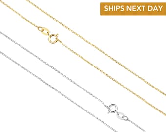14k Gold Diamond-Cut Cable Chain Necklace, Thin and Dainty Cable Chain, Solid 14k Yellow And 14k White Gold Necklace, 16in 17in 18in